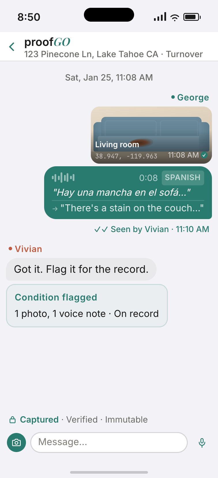 proofGO turnover conversation with photo, voice note translation, and captured status